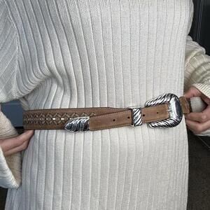 Tan and brown leather belt with silver accents #western #boho